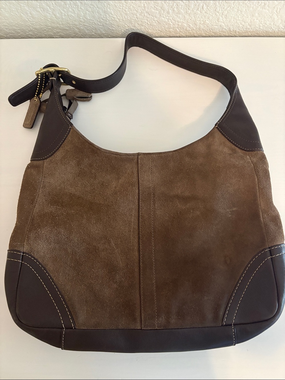 Coach Classic Brown Suede Hobo Handbag with Dark Leather Trim